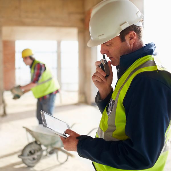 A contractor using a walkie talkie