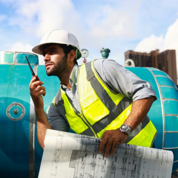 construction worker using 2-way radio