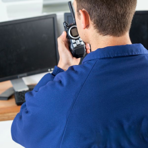 man at computer using 2-way radio