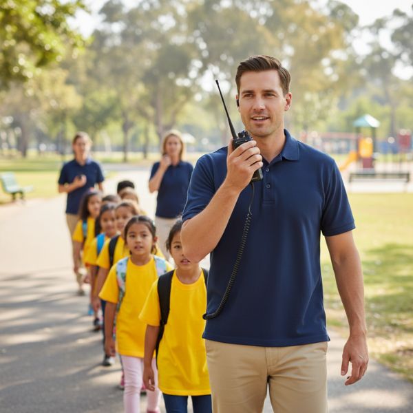 a chaperone speaking into a radio