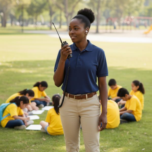 a woman talking into a radio with a class outside