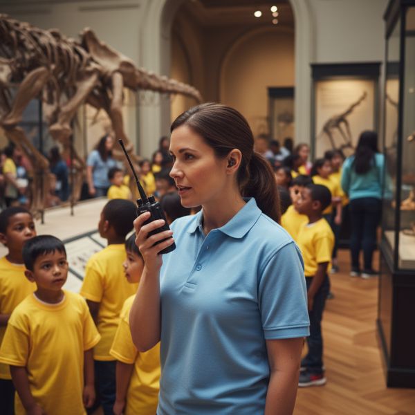 a chaperone speaking into a radio at a museum