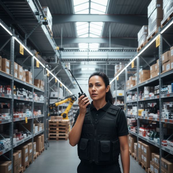 a security guard talking into a radio