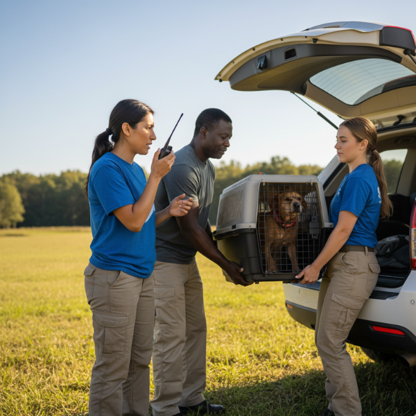 A dog in a crate with animal rescuers