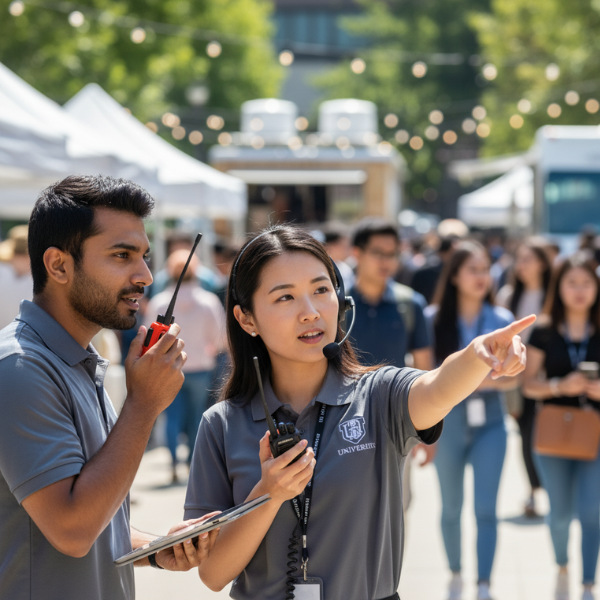 Two people on campus using a radio