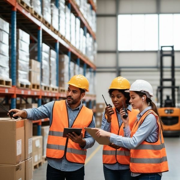 Diverse warehouse team coordinating tasks with two-way radios