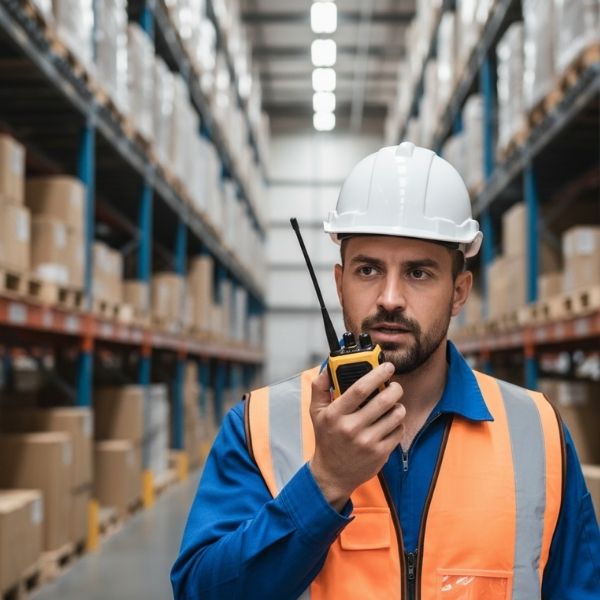 Warehouse worker instantly reporting an issue via two-way radio