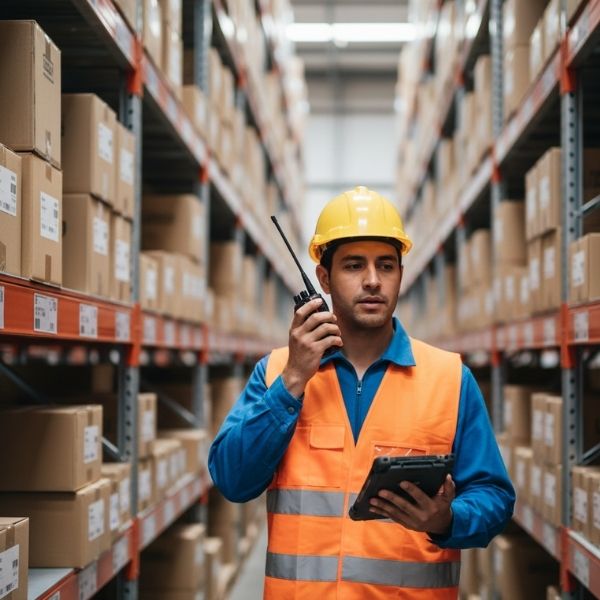 Logistics team member checking inventory with two-way radio