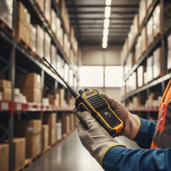 Durable two-way radio used by a professional in an industrial setting