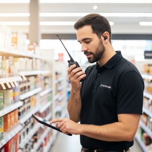 Retail worker discreetly checking inventory using a radio