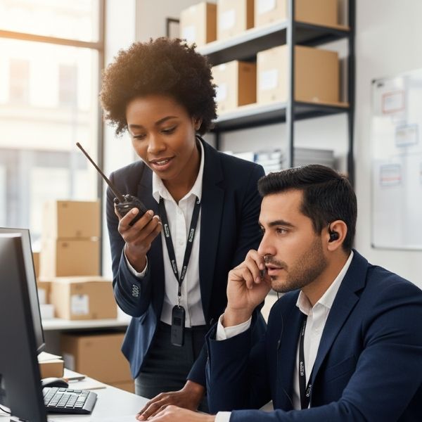 Two retail managers collaborating with two-way radios