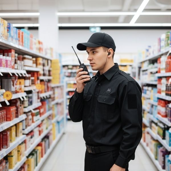 Security guards coordinating in a retail store with radios