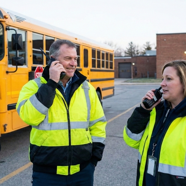 School transportation staff communicating on hand-held radio