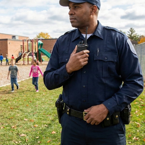 School security guard holding two-way radio watching elementary students