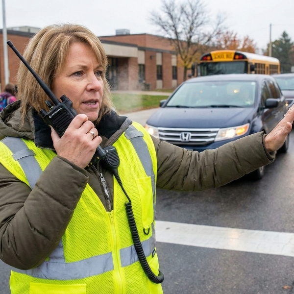 Crossing guard in safety vest using radio to direct car traffic at school