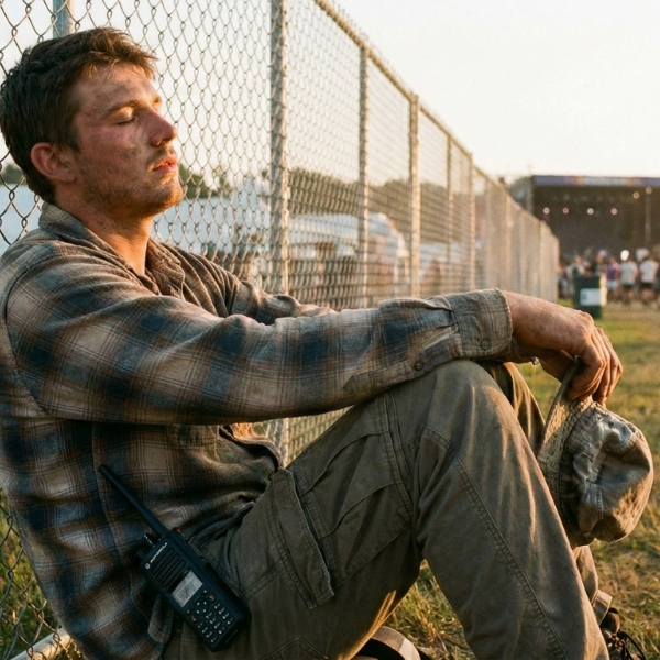 a tired festival worker resting outside a festival