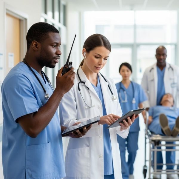 healthcare worker talking to doctor while patient is being transported in the background