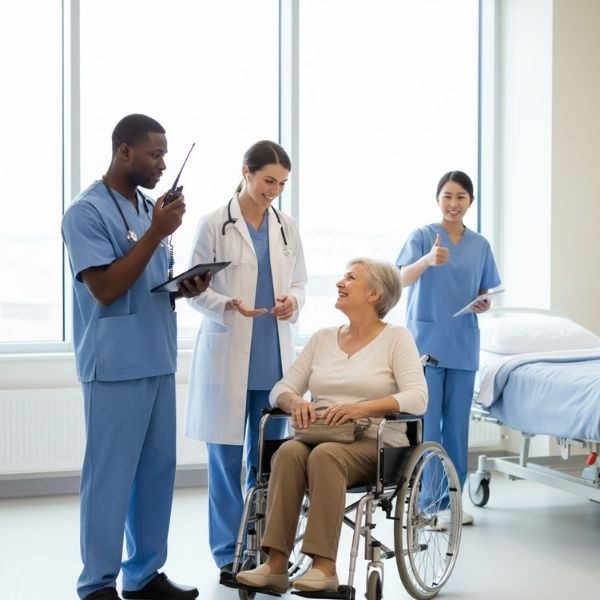 nurse using radio while talking to an elderly patient in a wheel chair with a doctor and another nurse