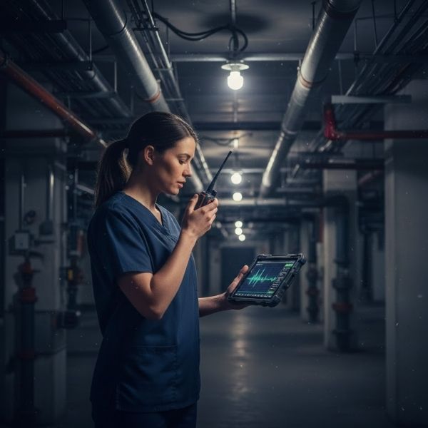nurse in basement using a radio in an area with low service