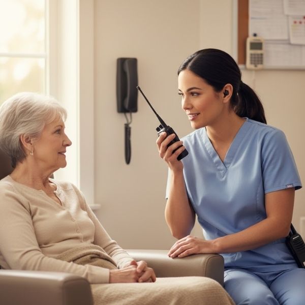 woman using radio infront of resident