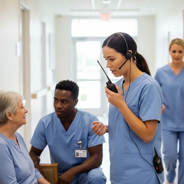 nursing team helping female resident in hallway