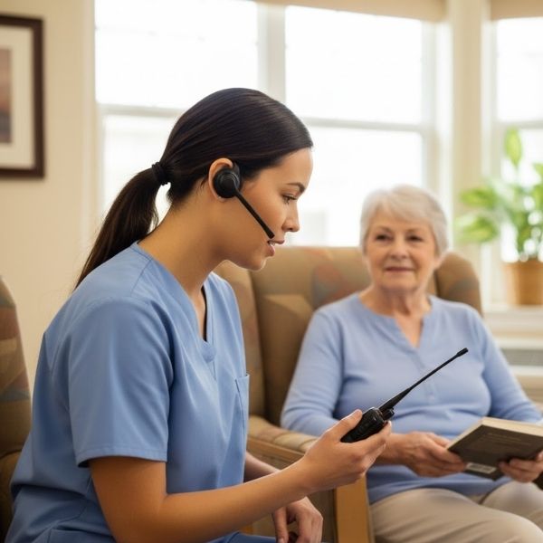 woman using radio system in front of a resident sitting in a comfortable chair