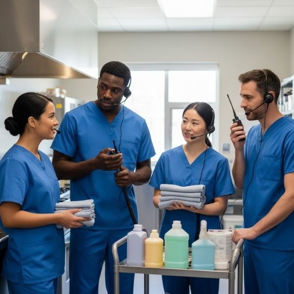 nursing team using radios preparing items for residents